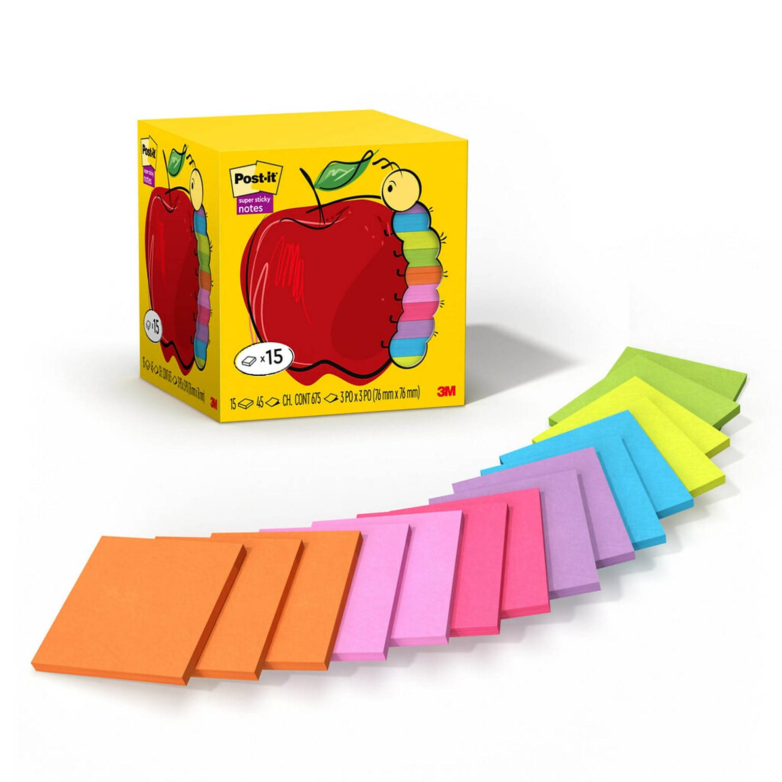 Post-it Super Sticky Notes, 3 x 3, Assorted Colors, 45 Sheets/Pad, 15 Pads/Pack (654-15SSAP)