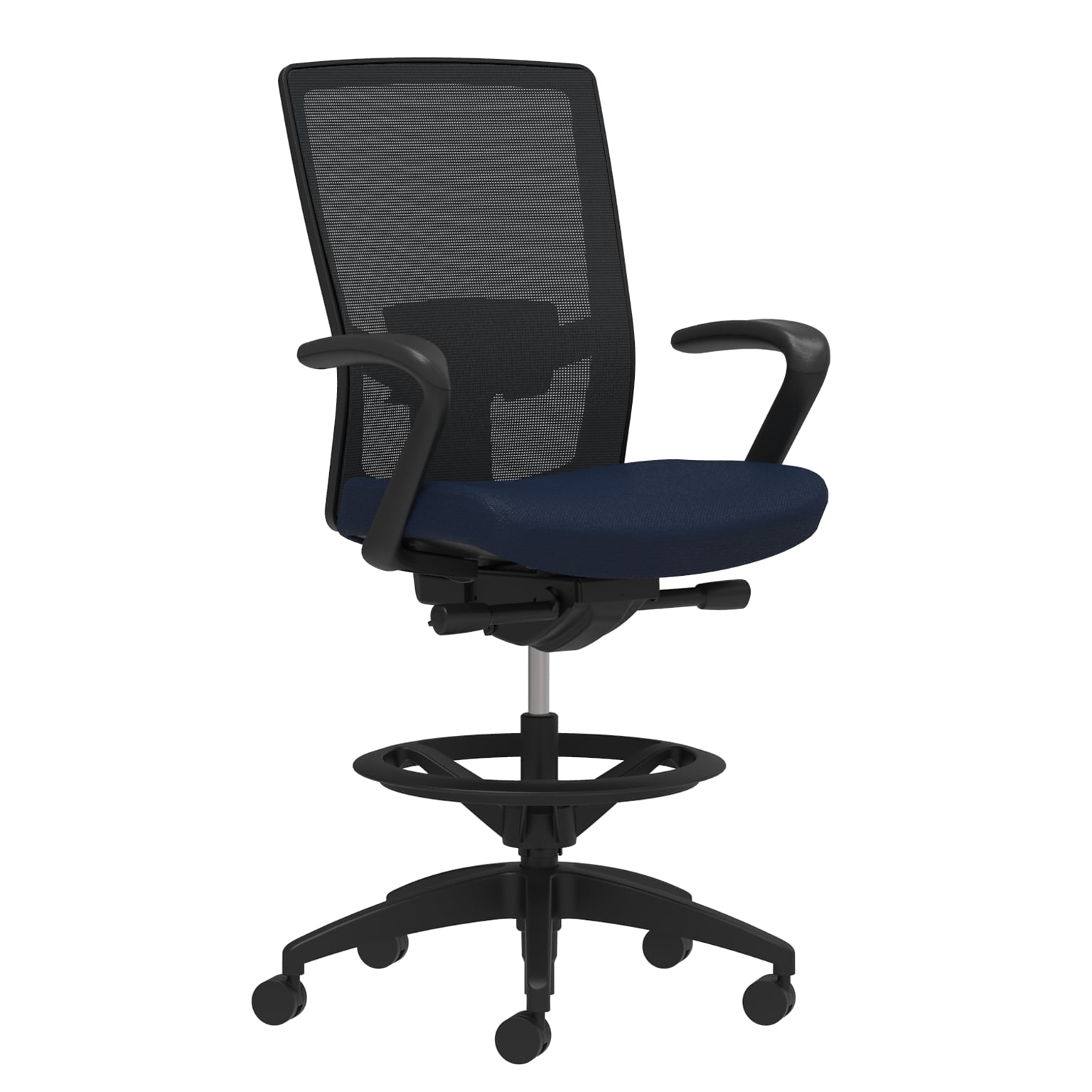 Union & Scale Workplace2.0™ Fabric Stool, Navy, Adjustable Lumbar, Fixed Arms, Synchro-Tilt, Partial Assembly Required