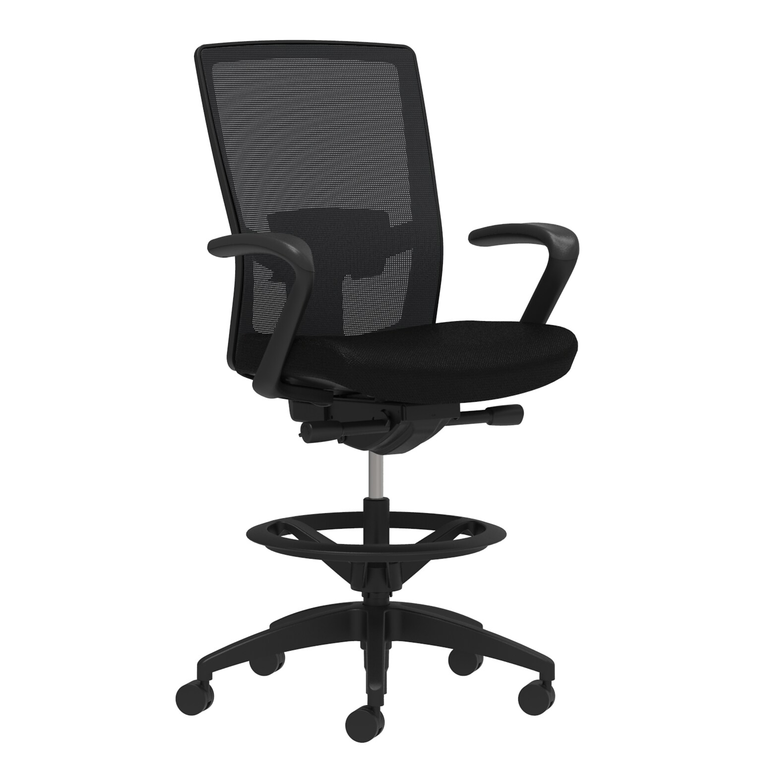 Union & Scale Workplace2.0™ Fabric Stool, Black, Adjustable Lumbar, Fixed Arms, Synchro-Tilt, Partial Assembly Required