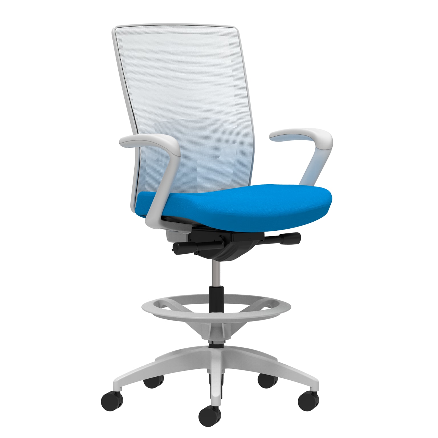 Union & Scale Workplace2.0™ Fabric Stool, Cobalt, Adjustable Lumbar, Fixed Arms, Synchro-Tilt Seat Control (53790)