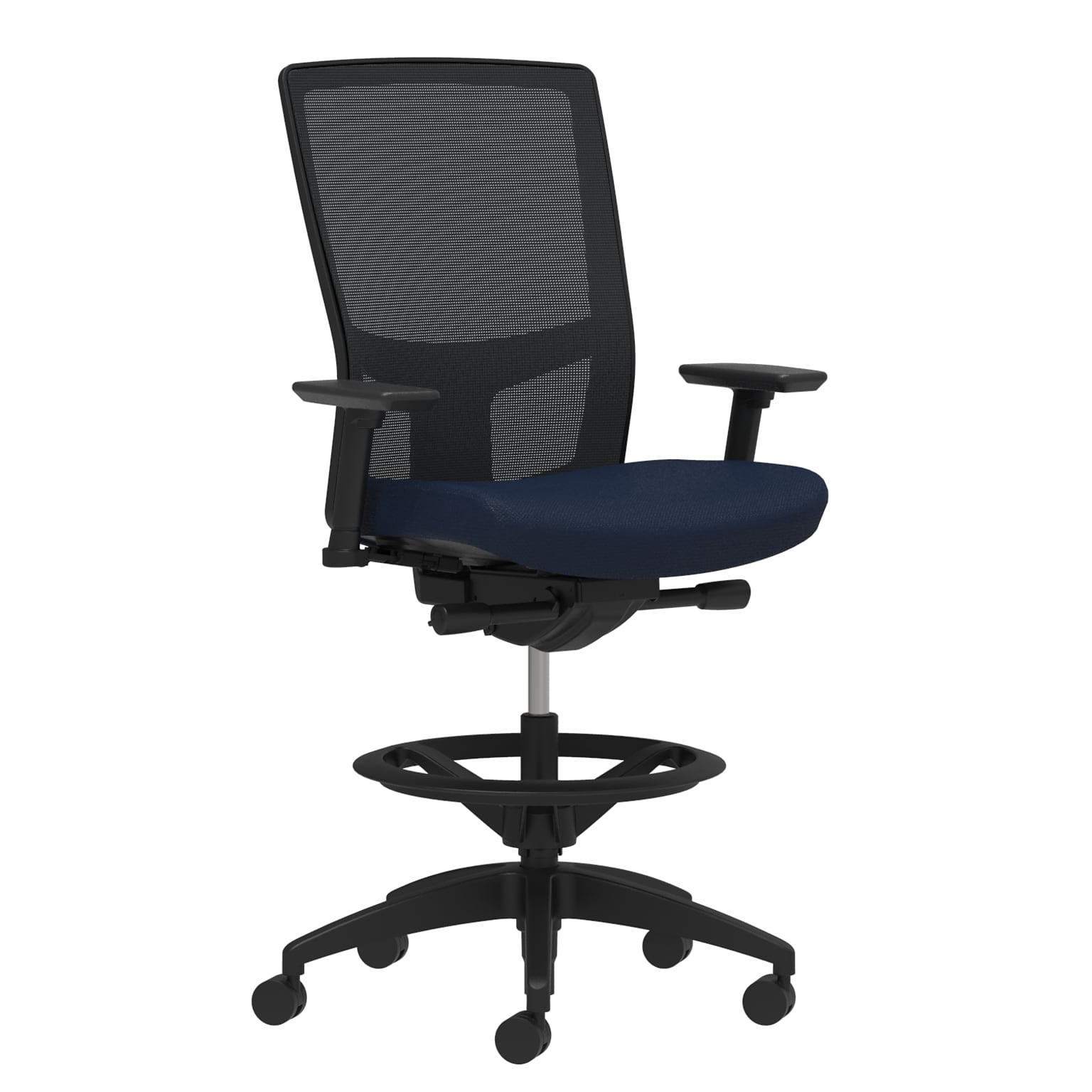 Union & Scale Workplace2.0™ Fabric Stool, Navy, Integrated Lumbar, Height & Width Adjustable Arms, Synchro-Tilt Control (53844)