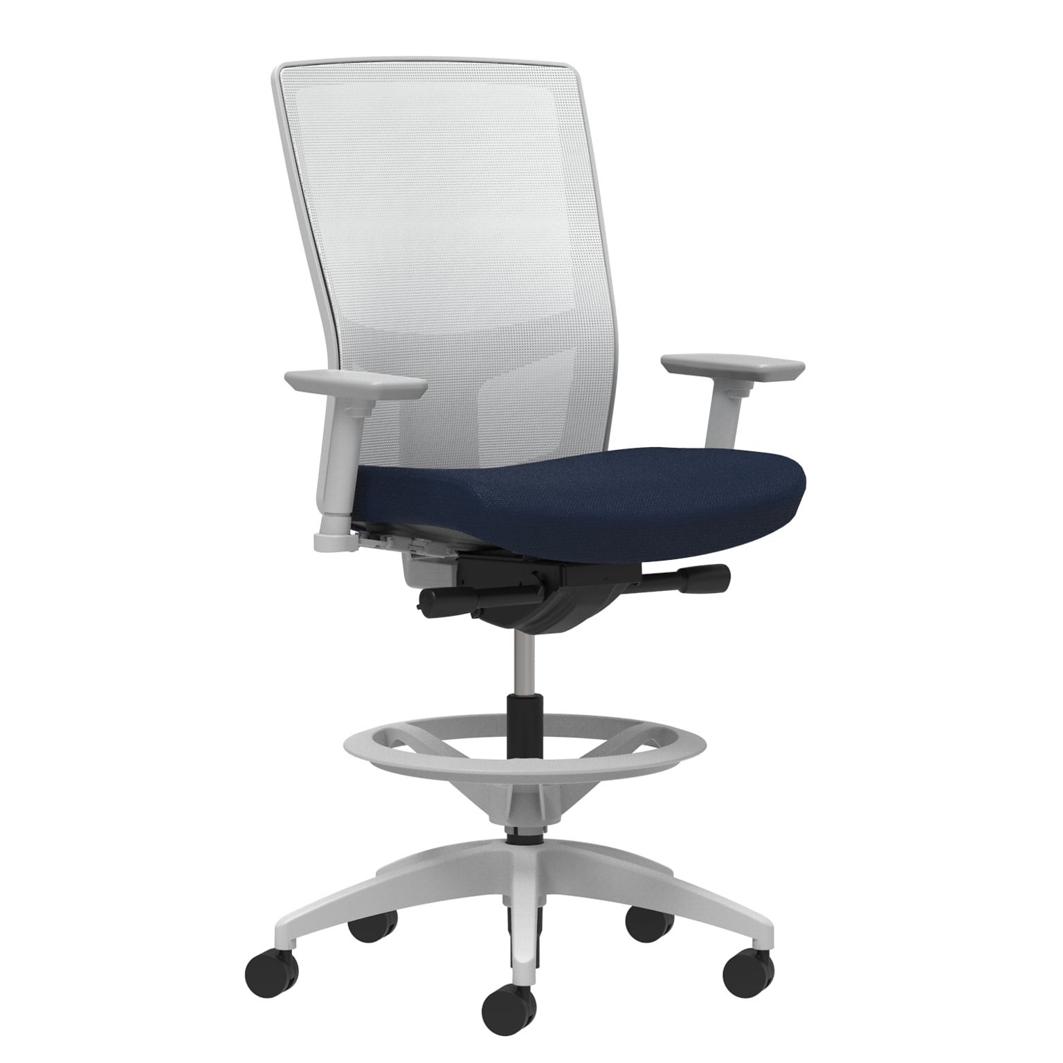 Union & Scale Workplace2.0™ Fabric Stool, Navy, Integrated Lumbar, Height & Width Adjustable Arms, Synchro-Tilt Control (53781)