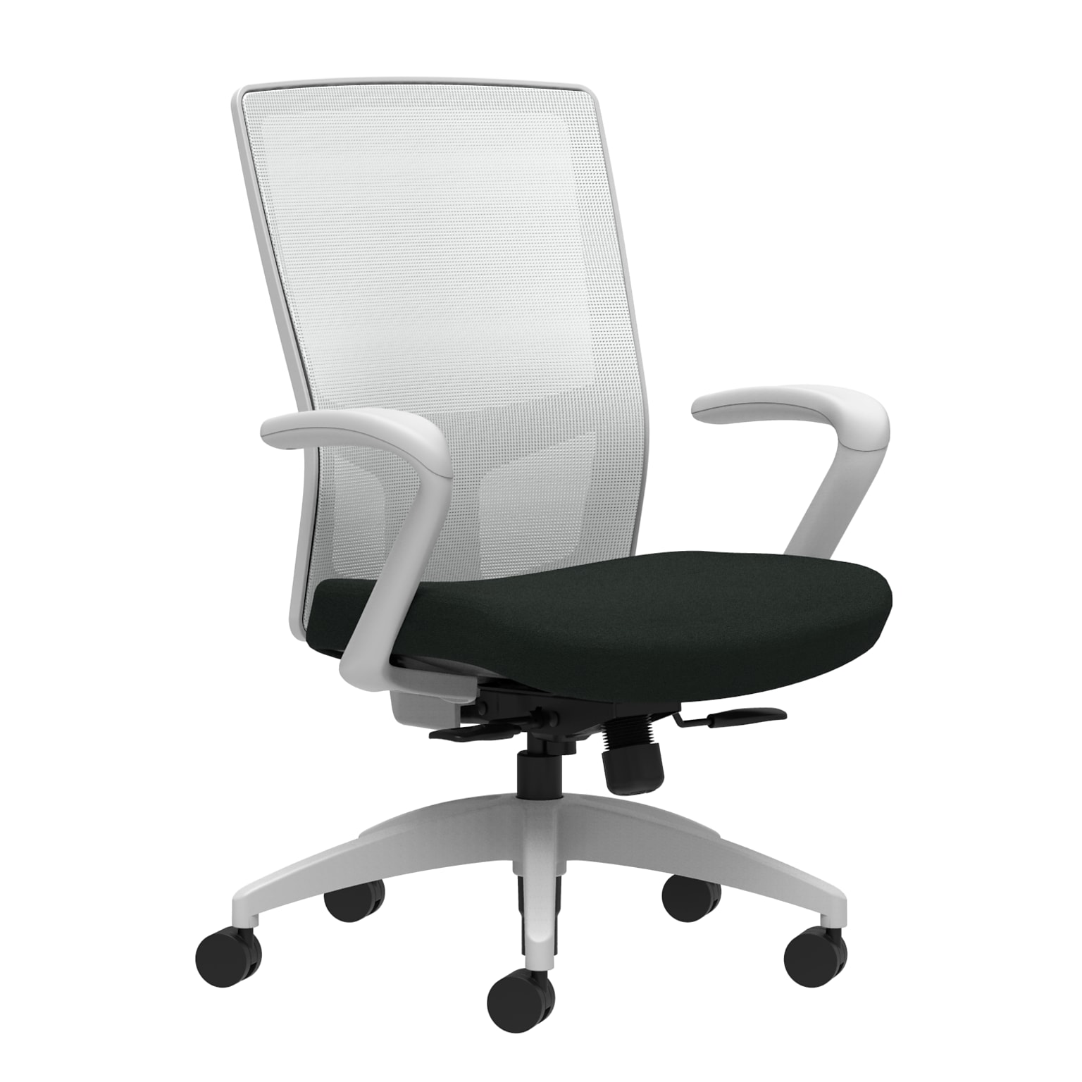 Union & Scale Workplace2.0™ Task Chair, Black Vinyl, Integrated Lumbar, Fixed Arms, Synchro-Tilt w/ Seat Slide Control (53530)