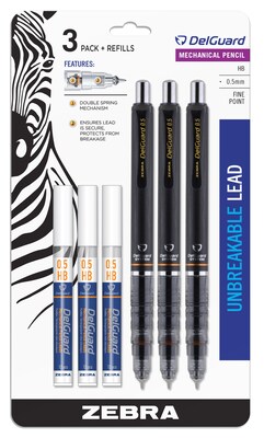 Zebra Pen Delguard Mechanical Pencil 0.5mm, Black, 3/pk with 3 bonus Refills (ZEB 10613)