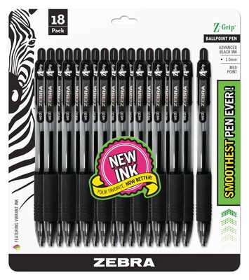 Zebra Z-Grip Retractable Ballpoint Pen, Medium Point, Black Ink, 18/Pack (ZEB22218)