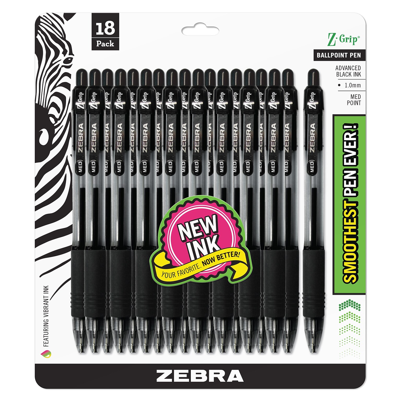 Zebra Z-Grip Retractable Ballpoint Pen, Medium Point, Black Ink, 18/Pack (ZEB22218)