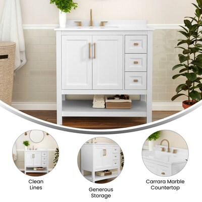 Flash Furniture Vega Bathroom Vanity with Sink, 36 Inch, White/Gold (FSVEGA36KDWHGLD)
