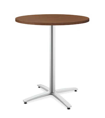 HON Between Round Table, Standing Height X-Base, 36D, Shaker Cherry Laminate/Textured Silver