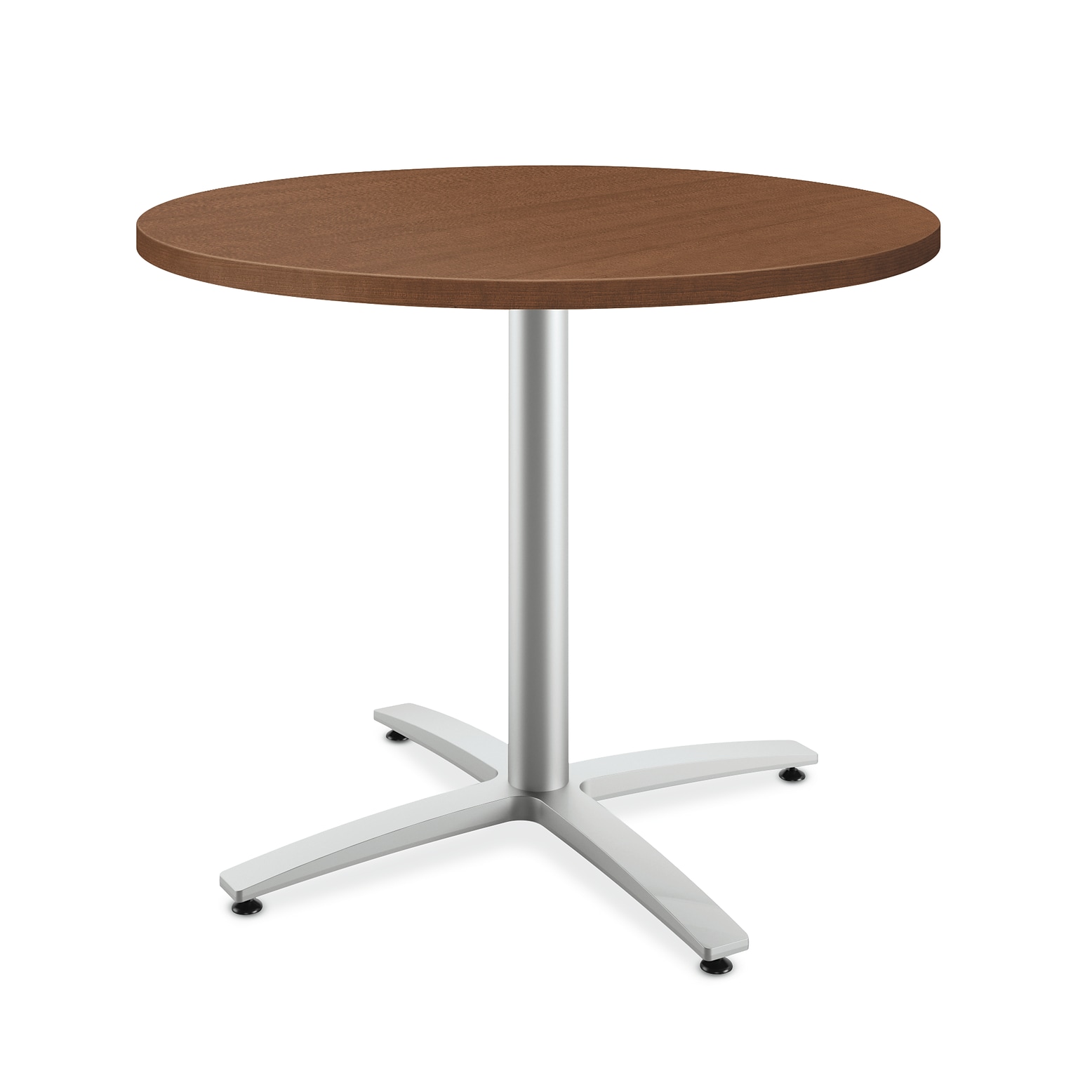HON Between Round Table, Seated Height X-Base, 36D, Shaker Cherry Laminate/Textured Silver Finish