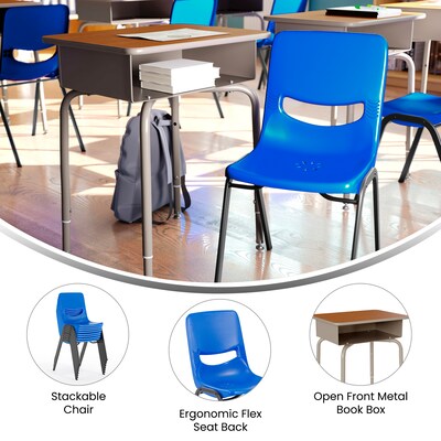 Flash Furniture HERCULES 24"W Student Desk with Classroom Stack Chair, Walnut Desktop/Silver Frame/Navy Chair (FDDESKGWASCH3NB)