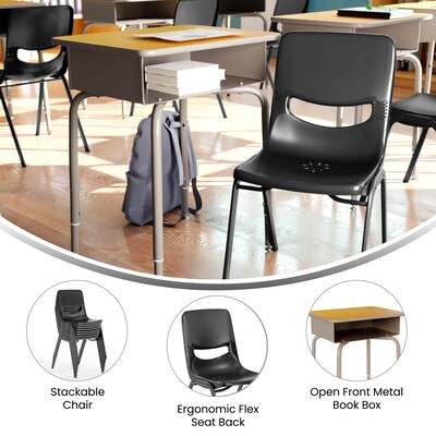 Flash Furniture HERCULES 24"W Student Desk with Classroom Stack Chair, Maple Desktop/Silver Frame/Black Chair (FDDESKGMPSCH3BB)