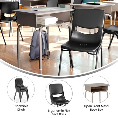 Flash Furniture HERCULES 24"W Student Desk w/ Classroom Stack Chair, Granite Desktop/Silver Frame/Black Chair (FDDESKGYGSCH3BB)