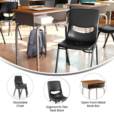 Flash Furniture HERCULES 24"W Student Desk with Classroom Stack Chair, Walnut Desktop/Silver Frame/Black Chair (FDDESKGWASCH3BB)