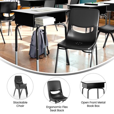 Flash Furniture HERCULES 24"W Student Desk with Classroom Stack Chair, Gray Desktop/Black Frame/Black Chair(FDDESKGYBSCH3BB)