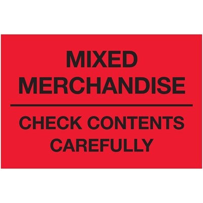 Tape Logic Labels, Mixed Merchandise Check Contents Carefully, 2 x 3, Fluorescent Red, 500/Roll (