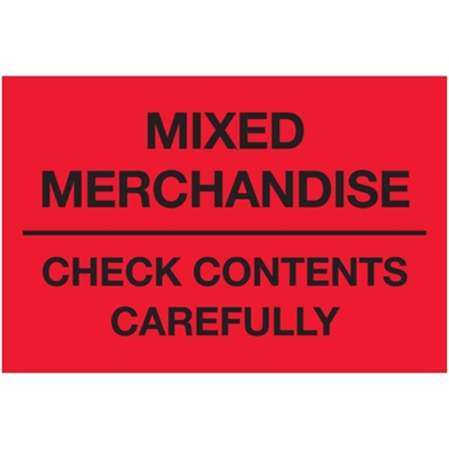 Tape Logic Labels, Mixed Merchandise Check Contents Carefully, 2 x 3, Fluorescent Red, 500/Roll (DL1621)
