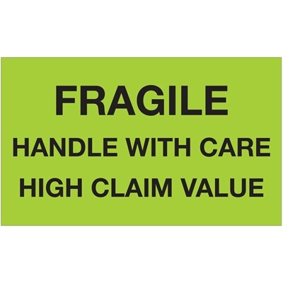 Tape Logic Labels, Fragile Handle With Care High Claim Value, 3 x 5, Fluorescent Green, 500/Roll