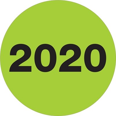 Tape Logic Labels, 2020 Year, 2 Circle, Fluorescent Green, 500/Roll (DL6818)