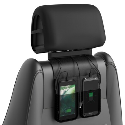 ChargeTech Car Backseat Charging Station, (3) Braided Cables, Black Leather w/ Pouches (CCS3)