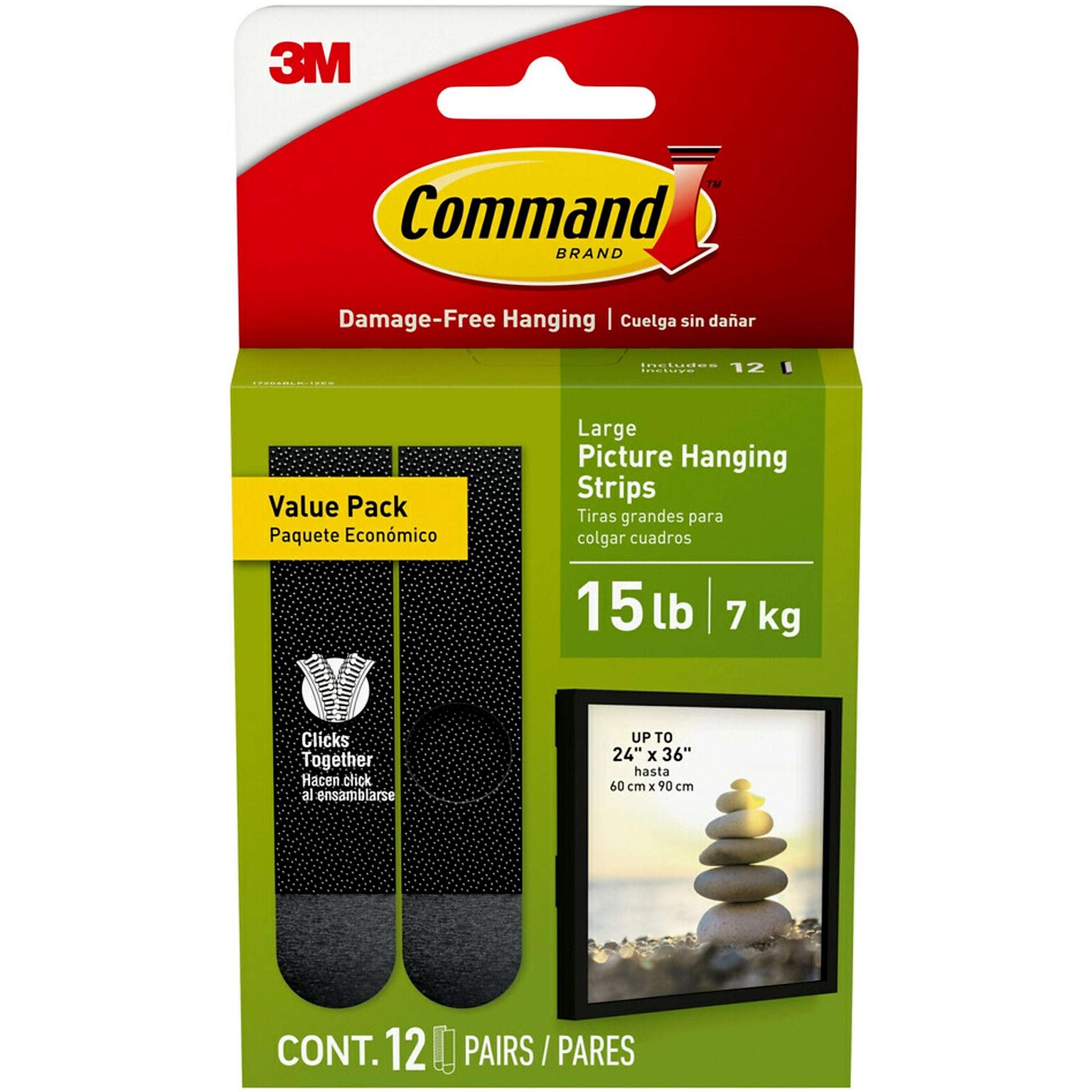 Command Large Hanging Strip, 15 lb., Black, 12/Pack (17206BLK-12ES)