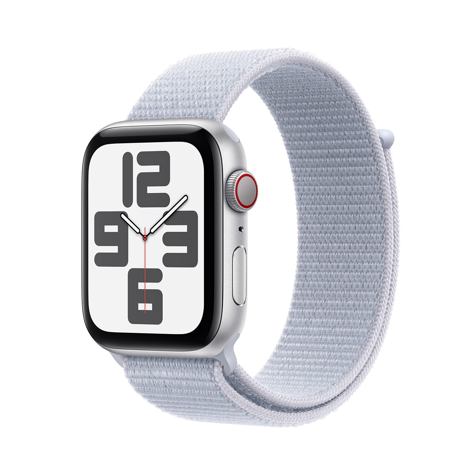 Apple Watch SE GPS + Cellular Smartwatch, 44mm, Silver Aluminum Case with Blue Cloud Sport Loop (MXG63LL/A)