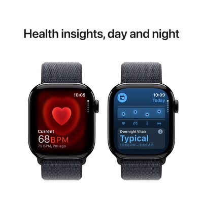 Apple Watch Series 10 GPS + Cellular Smartwatch, 42mm, Jet Black Aluminum Case with Ink Sport Loop (MWX83LW/A)