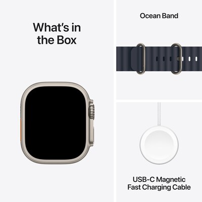 Apple Watch Ultra 2 GPS + Cellular Smartwatch, 49mm, Natural Titanium Case with Navy Ocean Band (MX4D3LW/A)