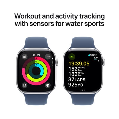 Apple Watch Series 10 GPS + Cellular Smartwatch, 46mm, Silver Aluminum Case with Denim Sport Band, Medium/Large (MWY13LW/A)