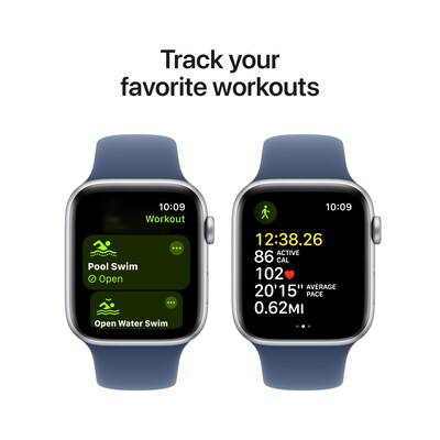 Apple Watch SE GPS + Cellular Smartwatch, 44mm, Silver Aluminum Case with Denim Sport Band, Medium/Large (MXG53LL/A)
