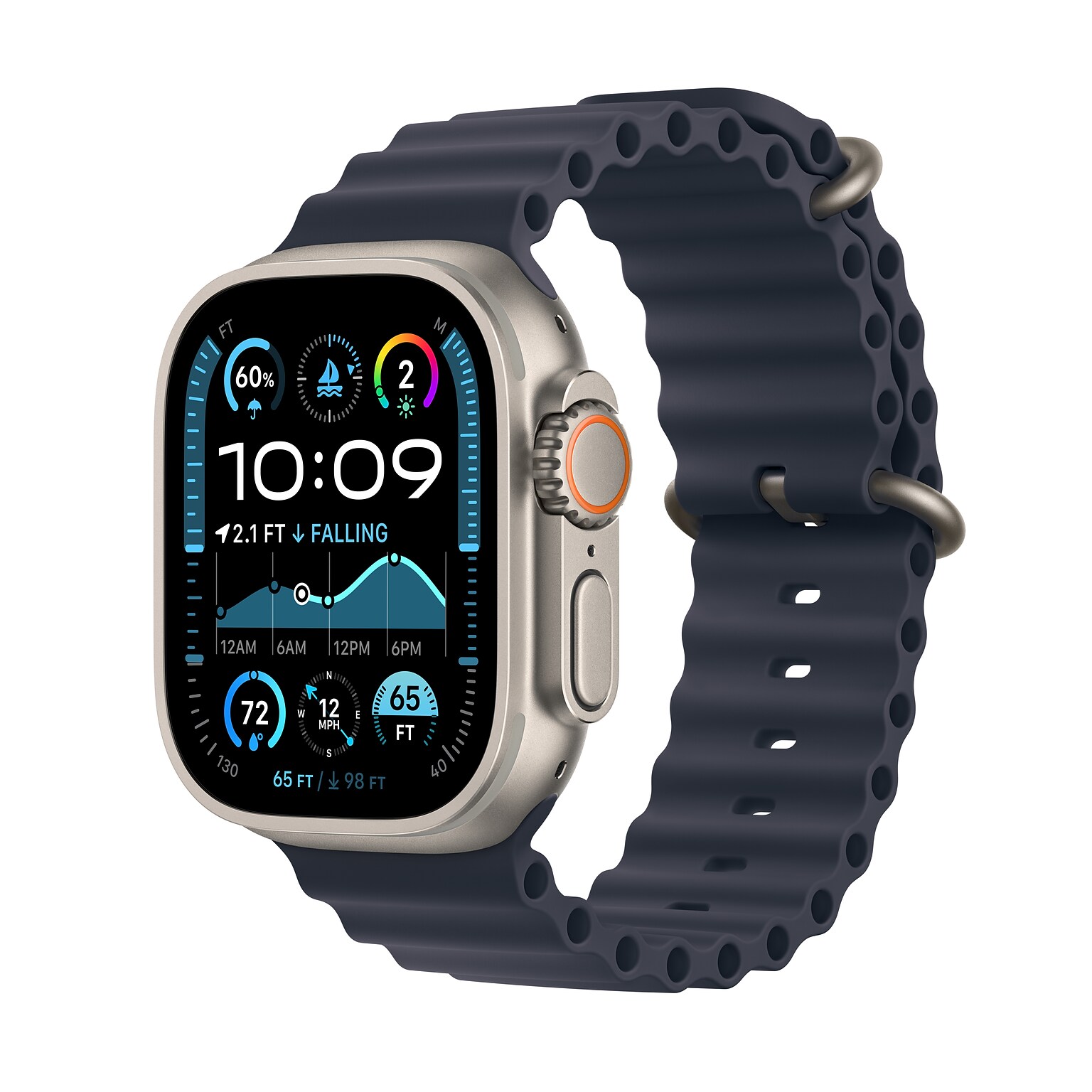 Apple Watch Ultra 2 GPS + Cellular Smartwatch, 49mm, Natural Titanium Case with Navy Ocean Band (MX4D3LW/A)