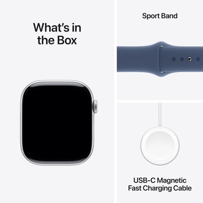 Apple Watch Series 10 GPS + Cellular Smartwatch, 46mm, Silver Aluminum Case with Denim Sport Band, Medium/Large (MWY13LW/A)
