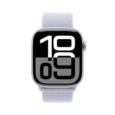 Apple Watch Series 10 GPS + Cellular Smartwatch, 46mm, Silver Aluminum Case with Blue Cloud Sport Loop (MWY23LW/A)