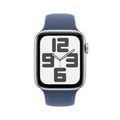 Apple Watch SE GPS + Cellular Smartwatch, 44mm, Silver Aluminum Case with Denim Sport Band, Medium/Large (MXG53LL/A)