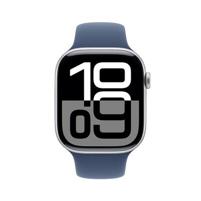 Apple Watch Series 10 GPS + Cellular Smartwatch, 46mm, Silver Aluminum Case with Denim Sport Band, Medium/Large (MWY13LW/A)