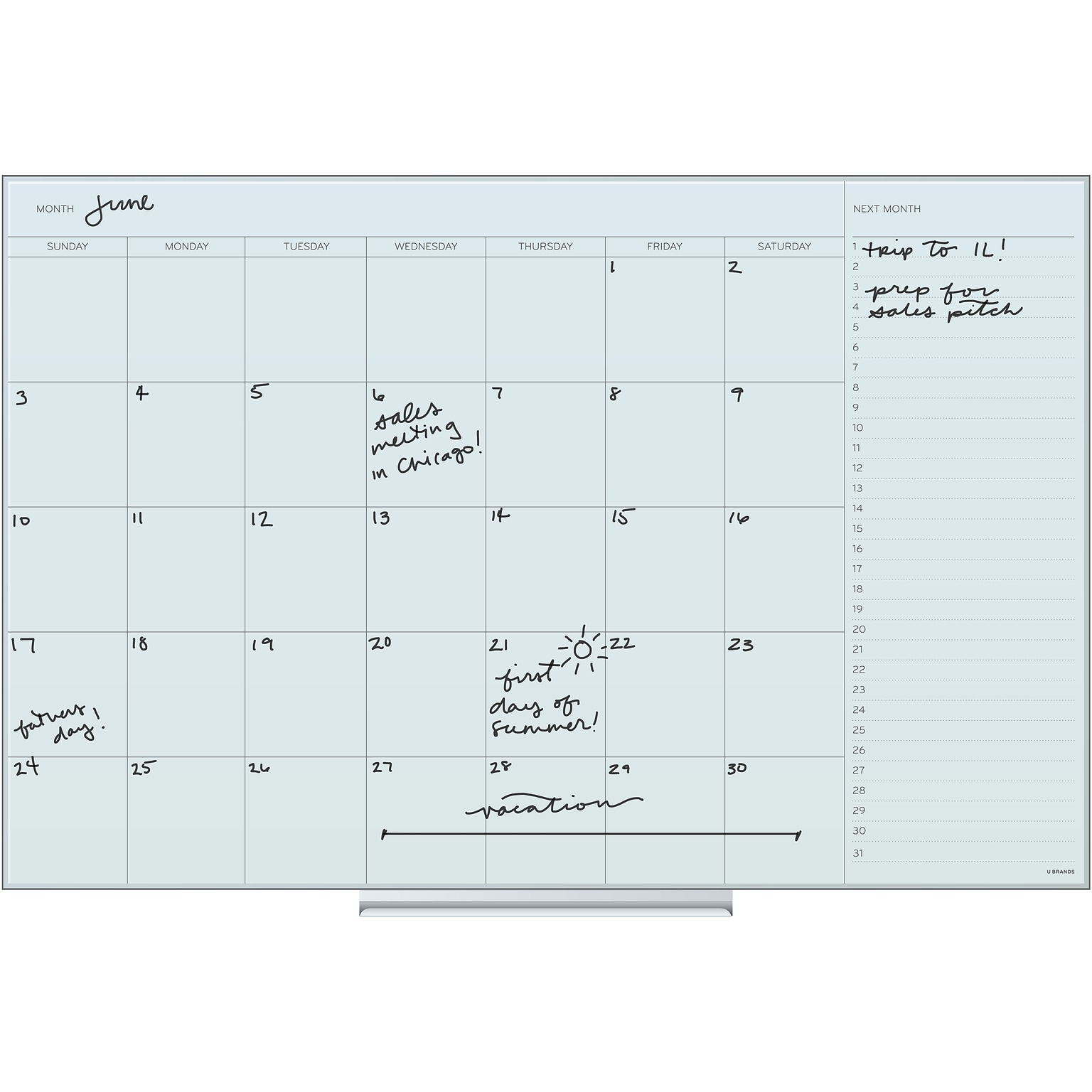 U Brands Floating Glass Dry Erase Calendar Board, Frameless, 47 x 35, White Frosted Surface (2776U00-01)