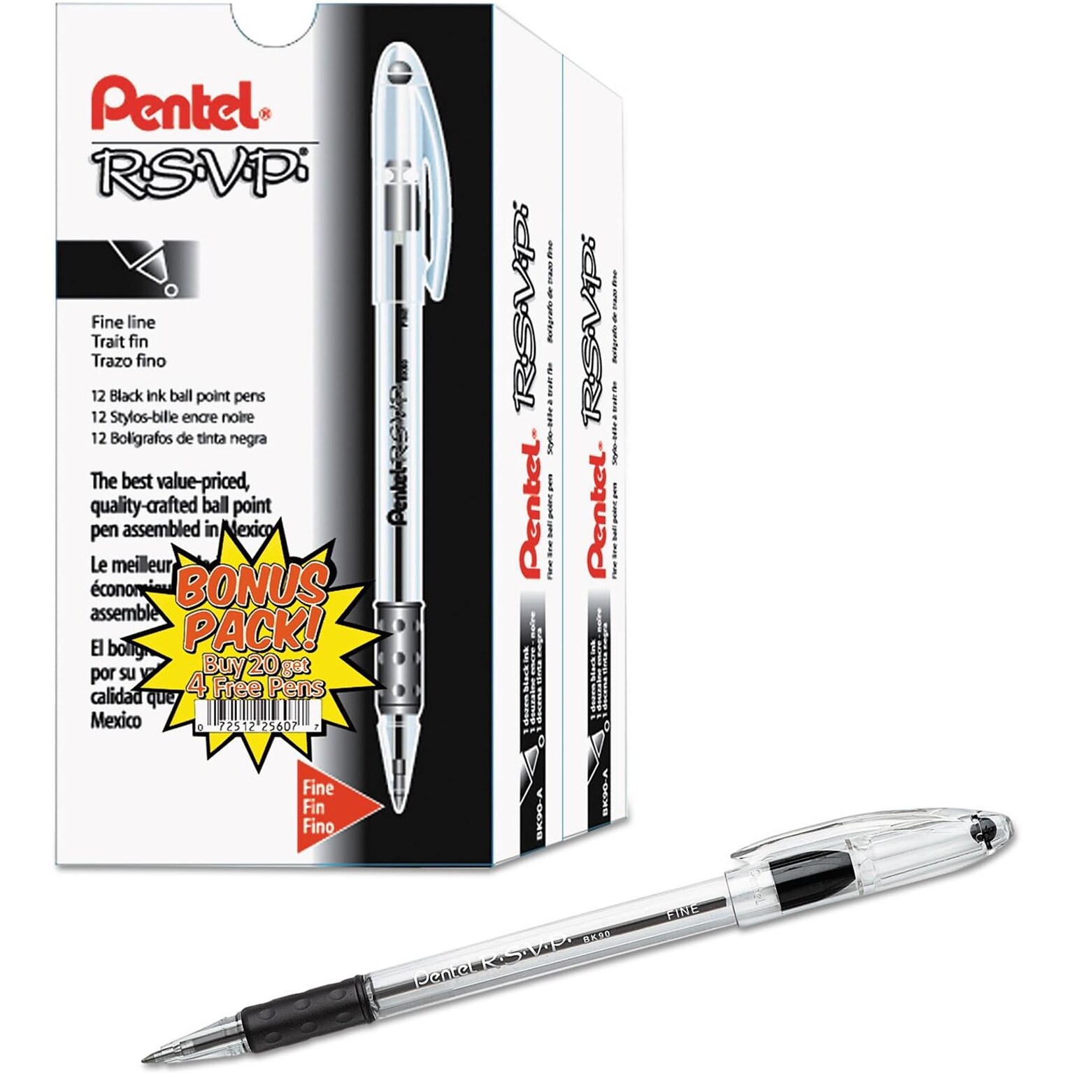 Pentel R.S.V.P. Ballpoint Stick Pens, Fine Point, Black Ink with Clear Barrel, 24/Pack (BK90ASW2)
