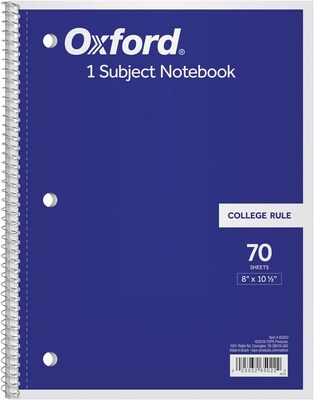 Oxford 1-Subject Notebooks, 8" x 10.5", College Ruled, 70 Sheets, Each (65022)