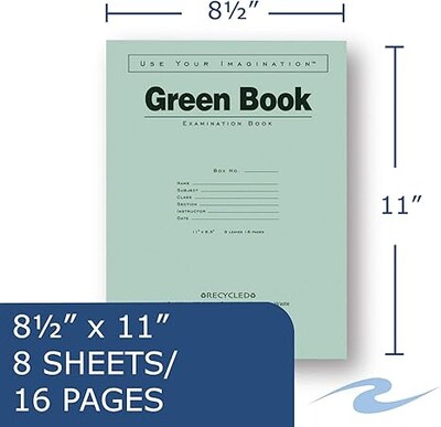 Roaring Spring Paper Products Exam Notebooks, 8.5 x 11, Wide Ruled, 8 Sheets, Green (77509)