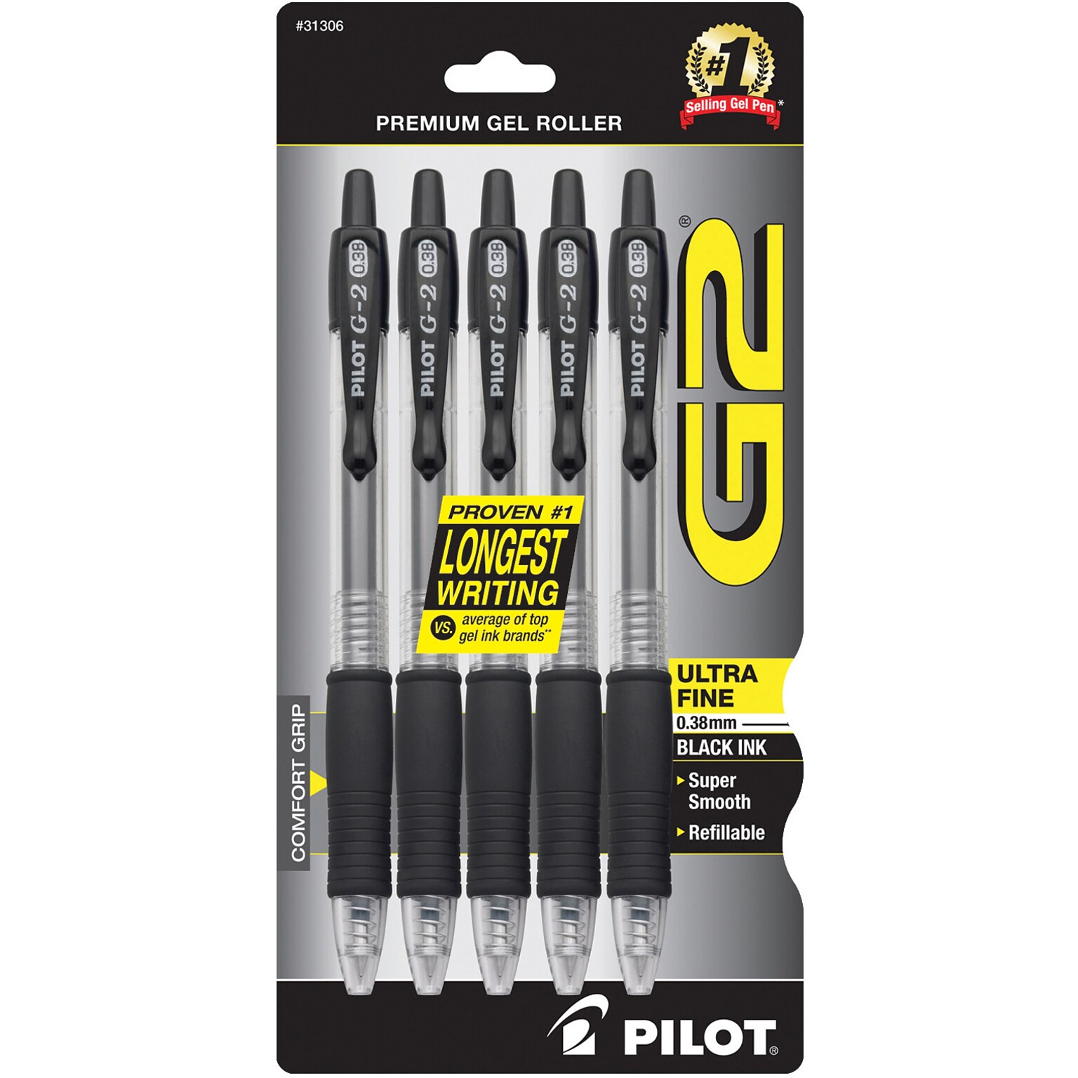 Pilot G2 Retractable Gel Pens, Ultra Fine Point, Black Ink, 5/Pack (31306)