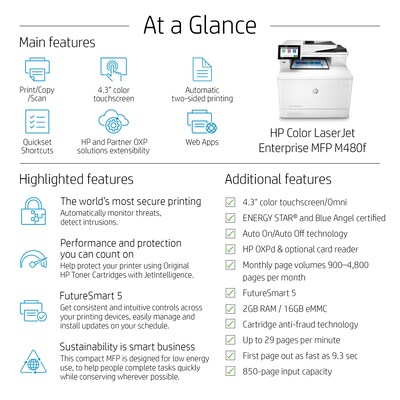 HP LaserJet Enterprise MFP M480f All-in-One Color Laser Printer 3QA55A#BGJ