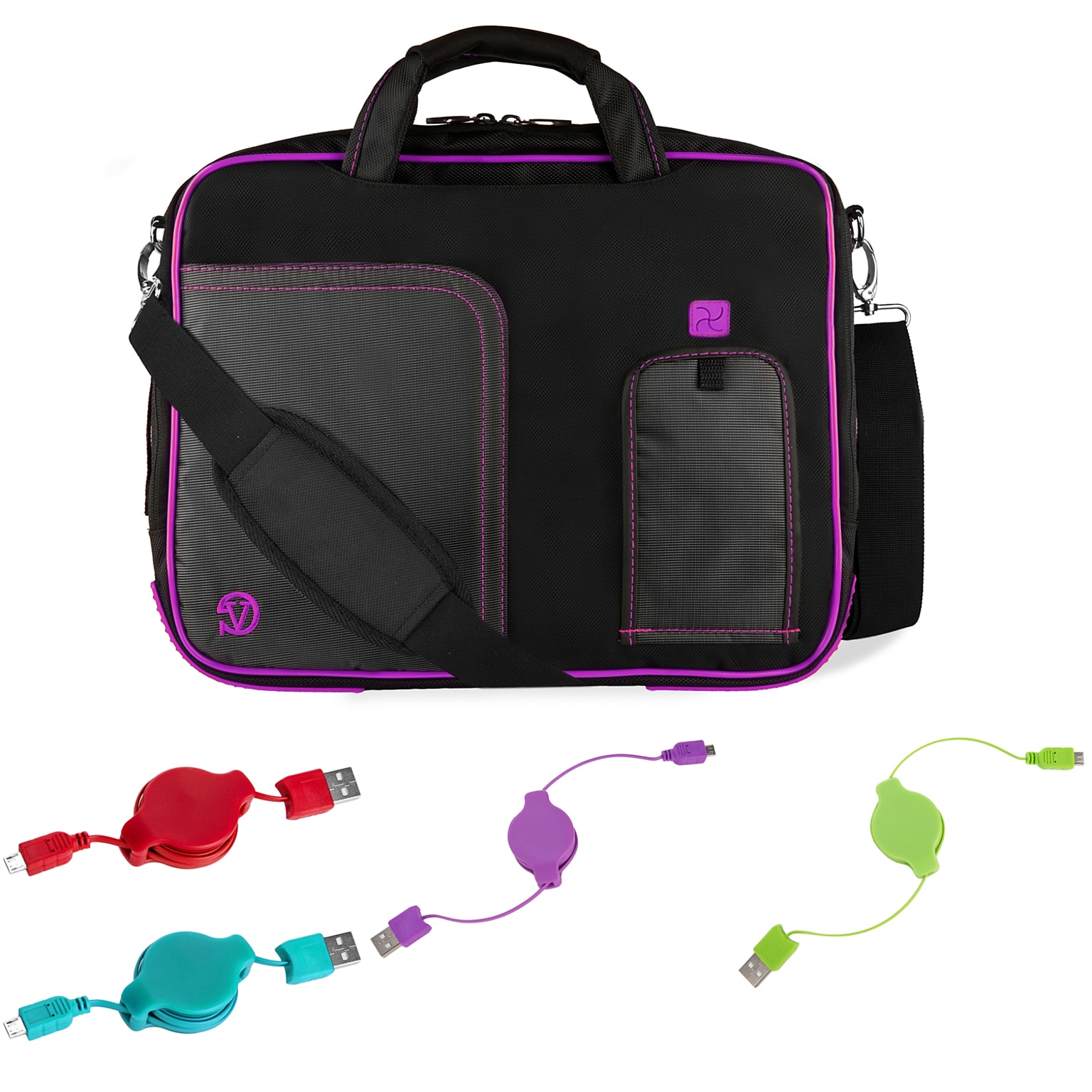 Vangoddy Office Business Travel Laptop Case up to 14 inch laptop + 4x MicroUSB Charging Cables, Black Purple