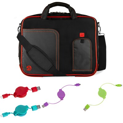 Vangoddy Office Business Travel Laptop Case up to 12 inch laptop Tablet + 4x MicroUSB Charging Cables, Black Red
