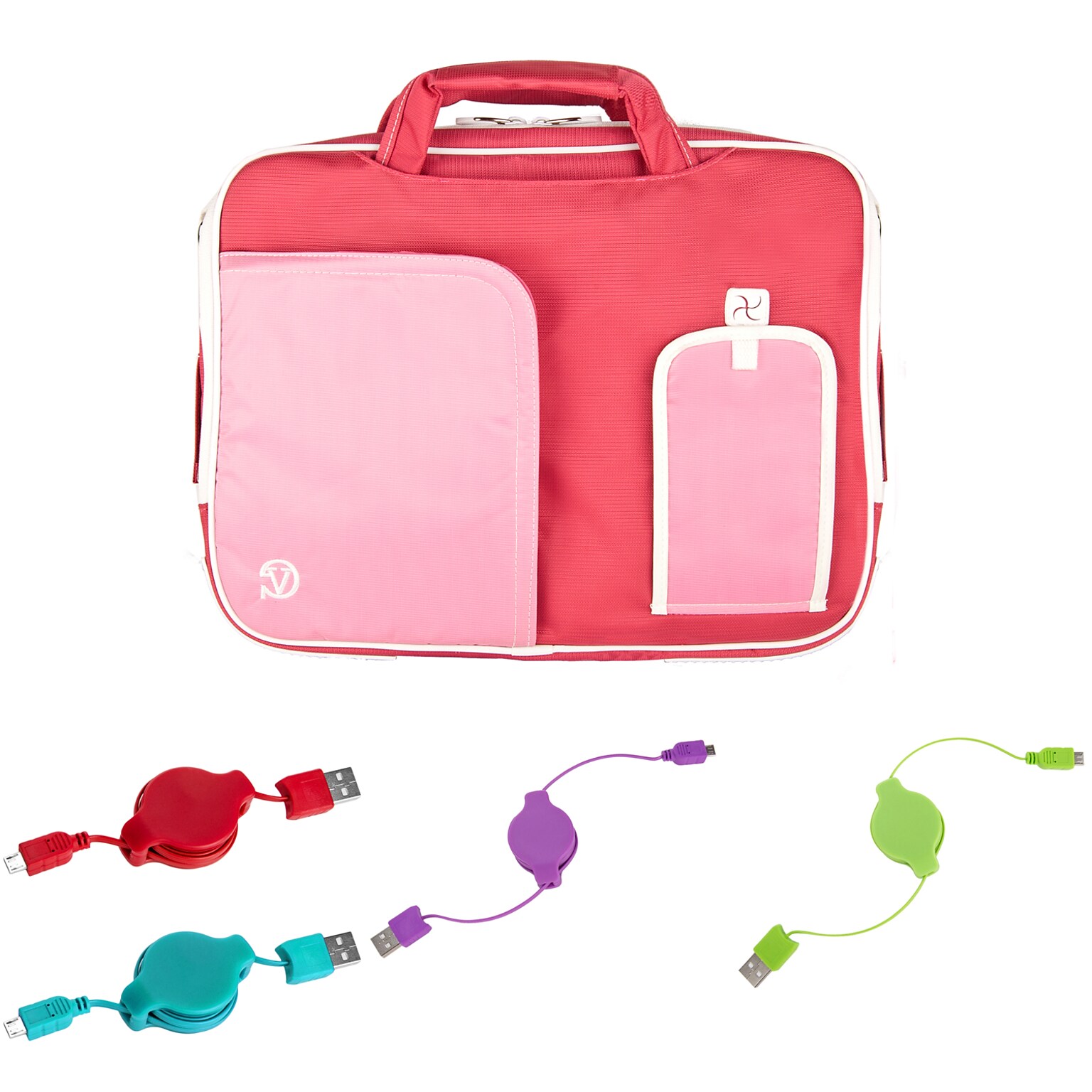 Vangoddy Office Business Travel Laptop Case up to 12 inch laptop Tablet + 4x MicroUSB Charging Cables, Pink