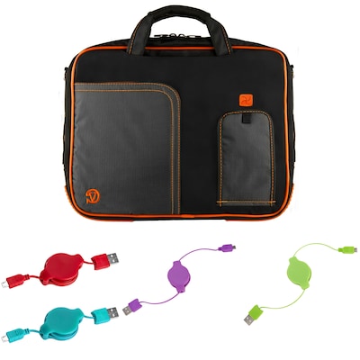 Vangoddy Office Business Travel Laptop Case up to 14 inch laptop + 4x MicroUSB Charging Cables, Black Orange
