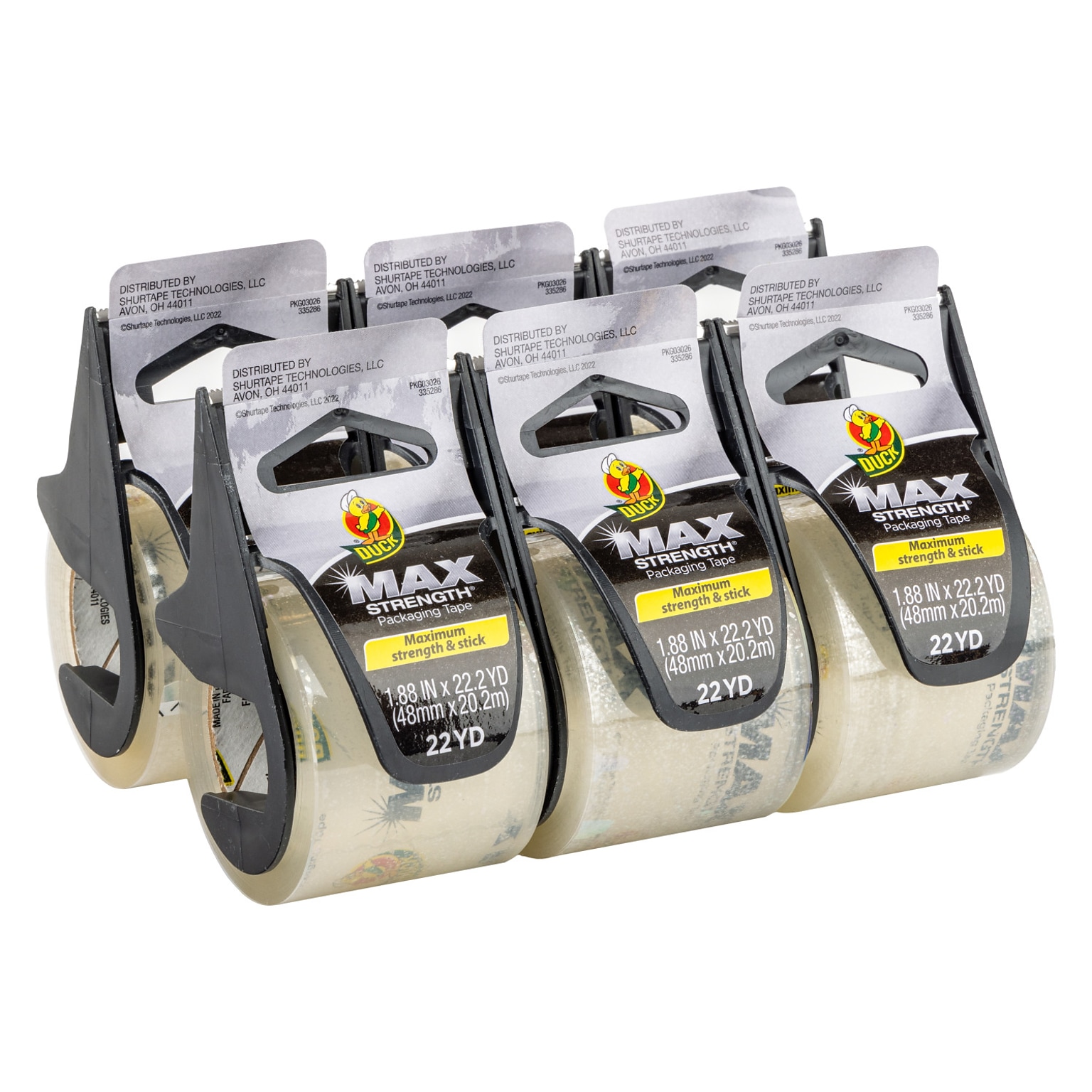 Duck Max Strength Packaging Tape with Dispenser, 1.88 x 22 yards, Clear, 6/Pack (284983)
