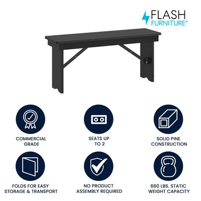 Flash Furniture HERCULES Solid Pine 2-Seat Farmhouse Folding Bench, Black Wash (XAB40X12BW)