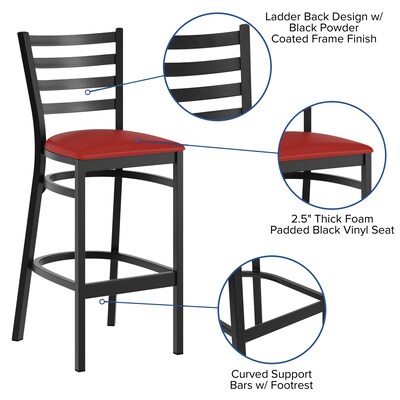 Flash Furniture HERCULES Traditional Steel and Vinyl Ladder Back Restaurant Barstool, Black Frame/Red Seat (XUDG697BBARRDV)