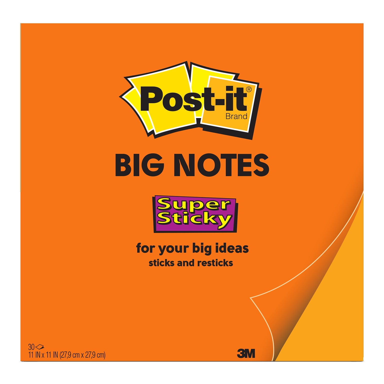 Post-it Big Notes Super Sticky Notes, 11 x 11, Orange, 30 Sheets/Pad (BN11O)