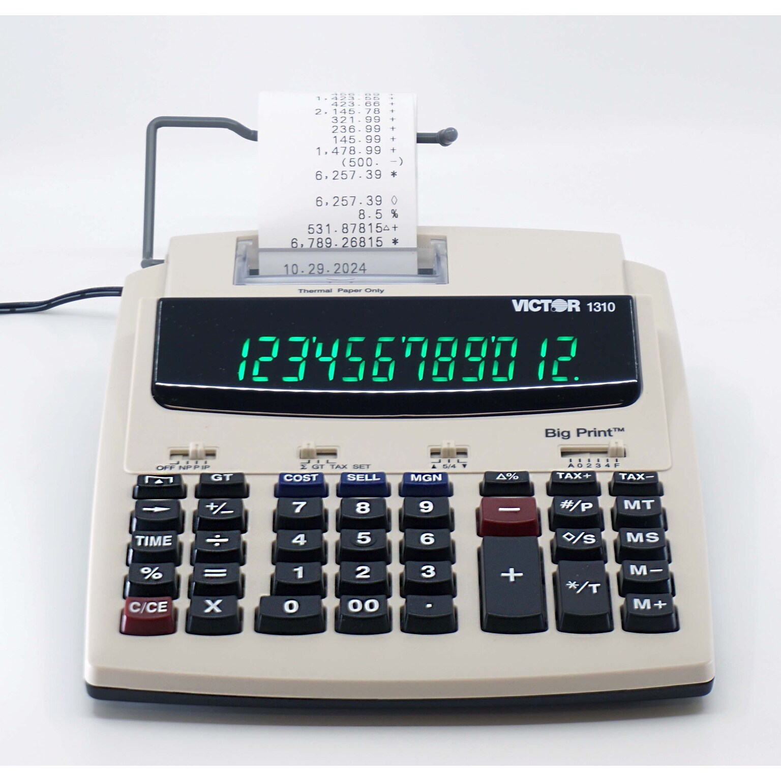 Victor Big Print (1310) 12-Digit Thermal Printing, Desktop Calculator, White/Black