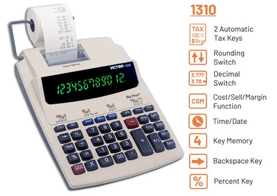 Victor Big Print (1310) 12-Digit Thermal Printing, Desktop Calculator, White/Black